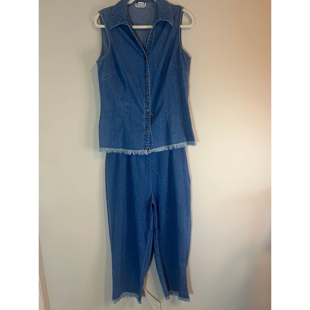 Robbie Bee Vintage Denim 2 Piece Set Womens 12 Blue Cotton Vest Cropped Pants